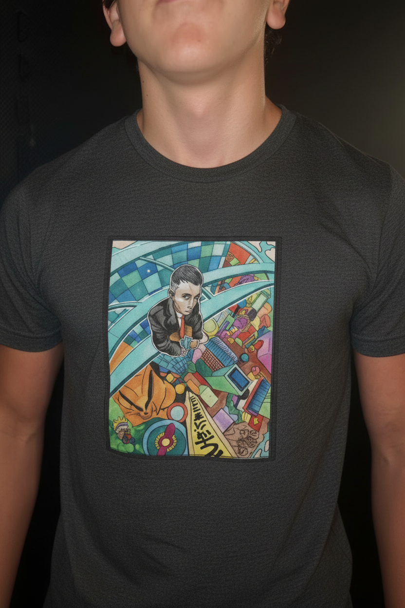 Model 2 Dark Grey Tee Close-up